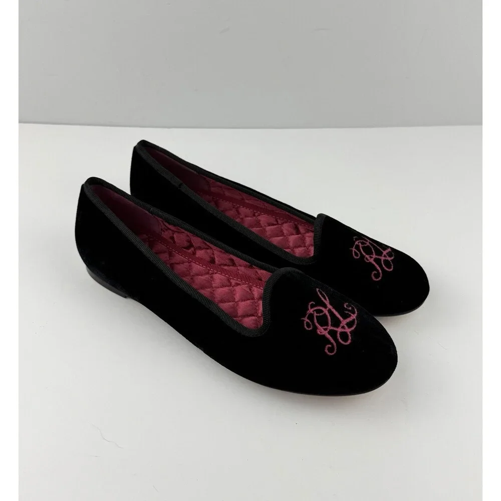 Vintage RALPH LAUREN POLO Girls Size 4 Ballet Flats Monogram RL BLK Pink Velvet